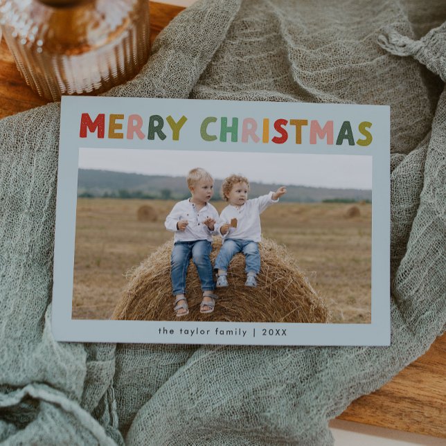 SÅNG Blue Cute Children Photo God jul Julkort (CAROL Blue Cute Children Photo Merry Christmas Holiday Card)