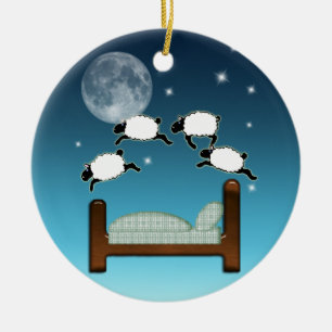 Säng, himmel & räkna får på natten julgransprydnad keramik