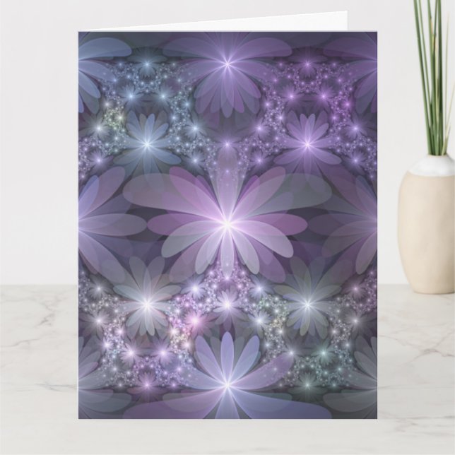 Säng med blommor Trendig Blank Abstrakt Fraktal Ko Tack Kort (Framsida)