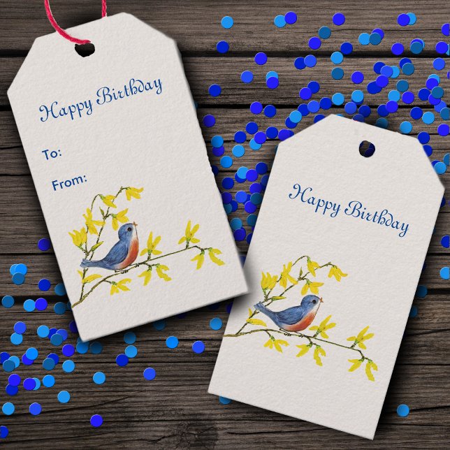 Sångblå och röd fågel på gren Gula blommor Presentetikett (Cute blue red bird on branch with pretty spring yellow flowers on Birthday gift tag.)