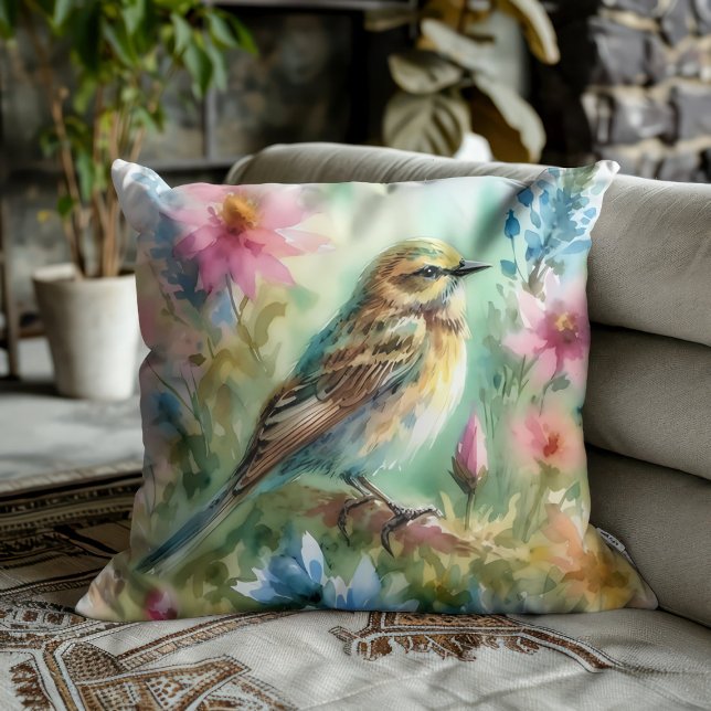 Sångfågel Melodi Elegant Fågel & Blommig Elegans Kudde (Skapare uppladdad)
