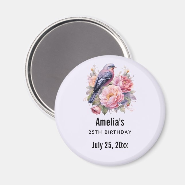 Sångfågel på toppen av rosa peonior födelsedagsfes magnet (Front/Back)