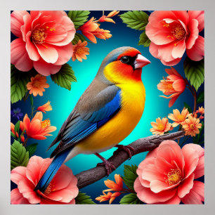 Sångfågel Sittande Bland Ljusnande Blommor Poster