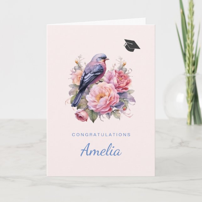 Sångfågel som sitter ovanpå rosa peonior Examen Kort (Framsida)