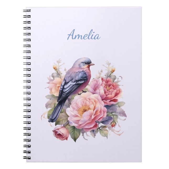 Sångfågel som står på rosa peonior anteckningsbok (Framsidan)