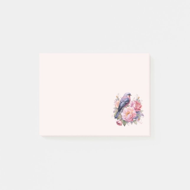 Sångfågel som står på toppen av rosa peonior post-it block (Framsida)