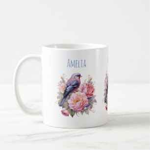Sångfågel Stående på toppen av Rosa Peonior Kaffemugg