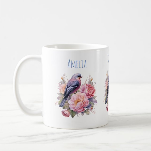 Sångfågel Stående på toppen av Rosa Peonior Kaffemugg (Vänster)