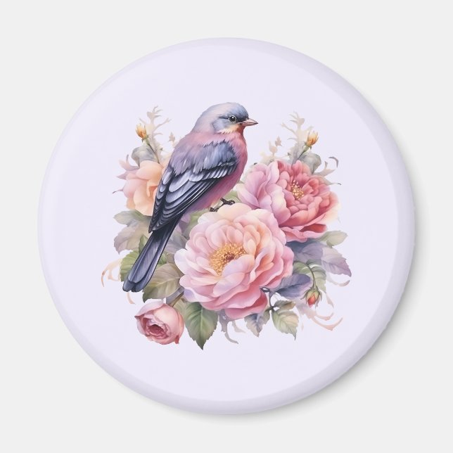 Sångfågel stående på toppen av rosa peonior magnet (Framsidan)