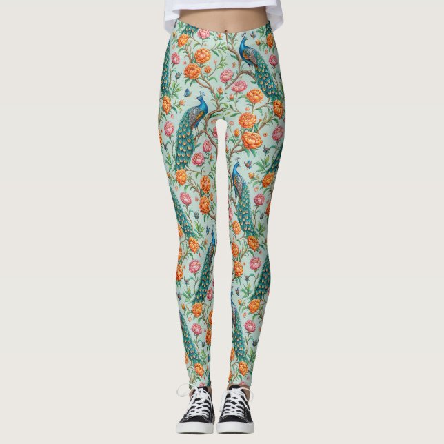 Sångfåglar Blommar Löv Botanisk Mynta Bakgrund Leggings (Framsida)