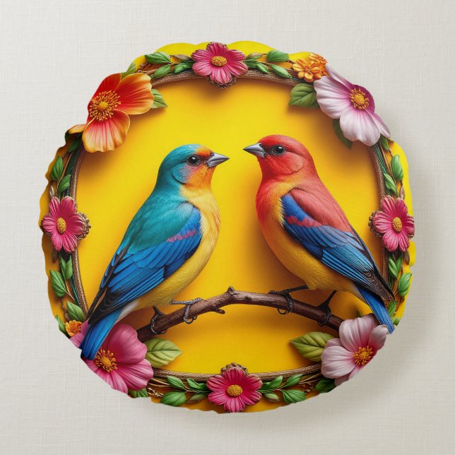 🐦 Sångfåglar Blommig Naturdekoration 🌸✨ Rund Kudde (Framsidan)