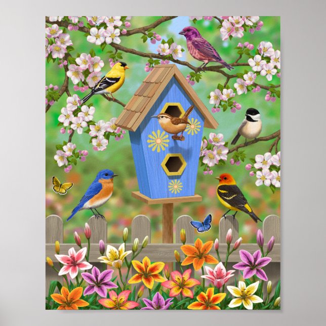 Sångfåglar Lilja Trädgård Fågelhus Poster (Framsidan)