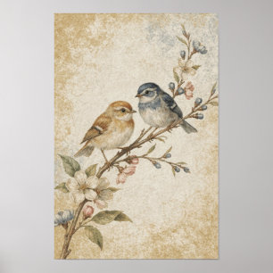 Sångfåglar på en blommande gren i ockra och indigo poster