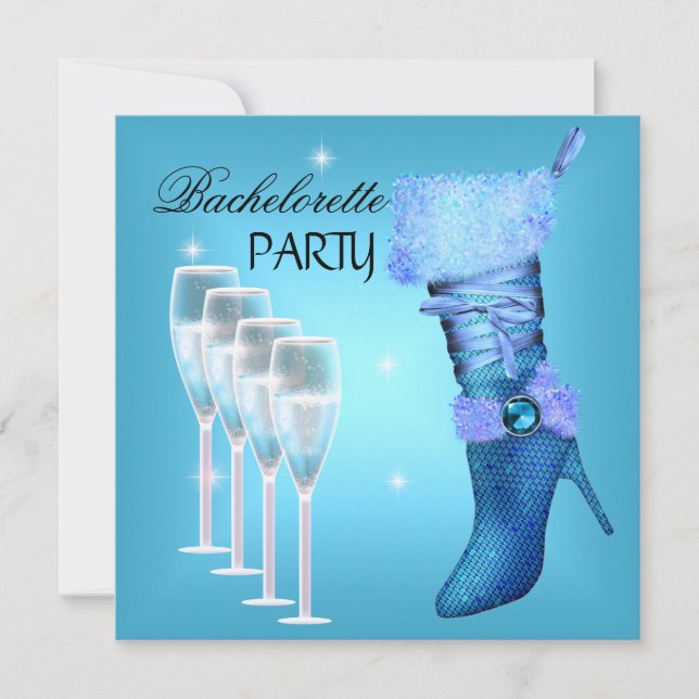 Sängkantsfest Tealblå Stövel Champagne Inbjudningar (Framsida)