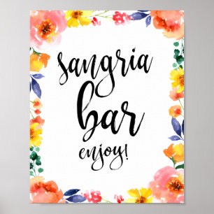 Sangria Bar Blommig Akvarell 8x10 Bröllopsskylt Poster