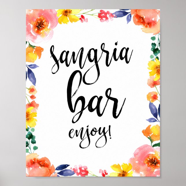 Sangria Bar Blommig Akvarell 8x10 Bröllopsskylt Poster (Framsidan)