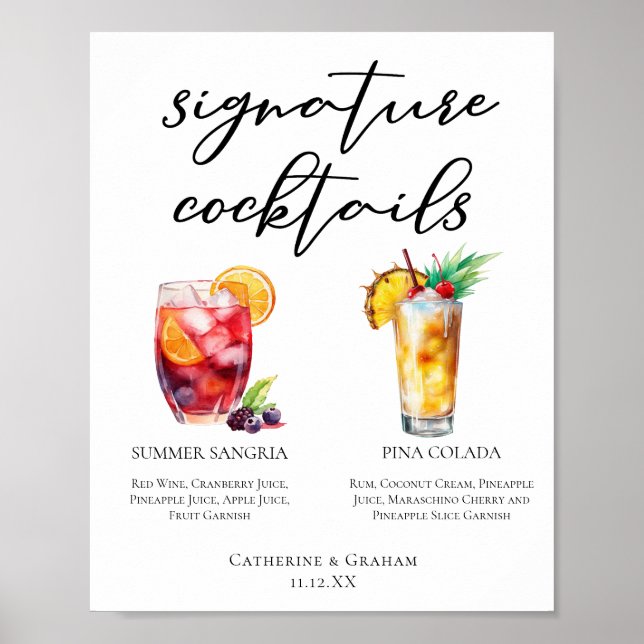 Sangria Pina Colada Namnteckning Cocktails Menu Poster (Framsidan)