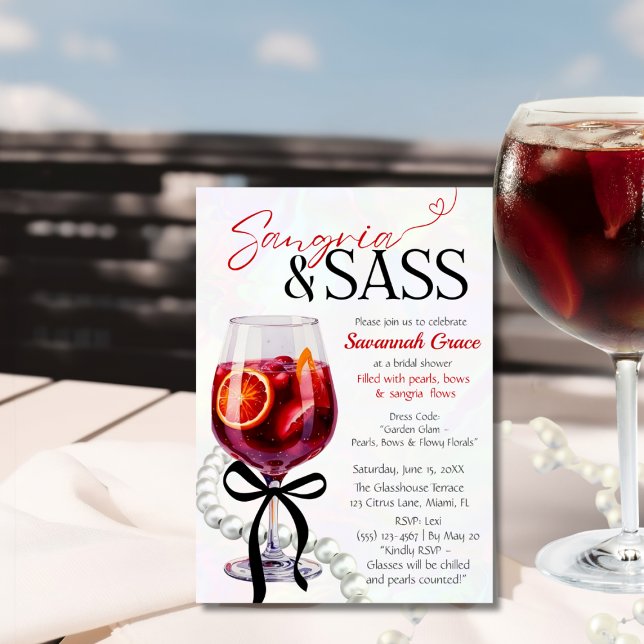 Sangria & Sass Bröllopsdusch Pärlor och rosett Inbjudningar (Sangria & Sass Bridal Shower Pearls and bow Invitation)