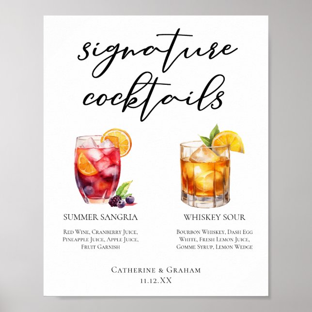 Sangria Whiskey Sour Namnteckning Cocktails Menu Poster (Framsidan)
