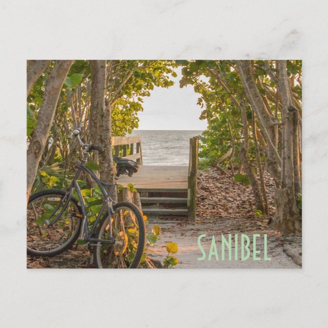 Sanibel Florida Beach Entrance med Bicycle Vykort (Framsida)