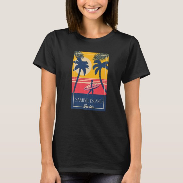 Sanibel Island Florida Retro Surfer Beach Sunset T Shirt (Framsida)