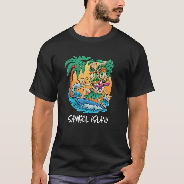 Sanibel Island Florida Surfing Tiki Beach Vacation T Shirt (Framsida)