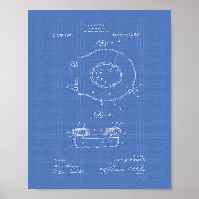 Sanitary Toilet Seat 1922 Patent Art Blueprint Poster (Framsidan)