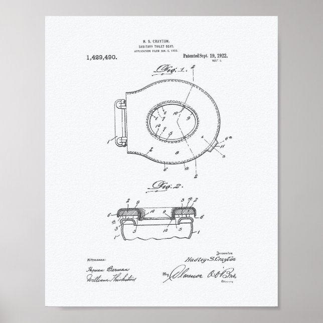 Sanitary Toilet Seat 1922 Patent Art White Papper Poster (Framsidan)