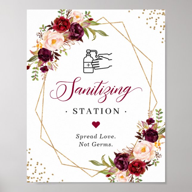 Sanitisering av Station Sign Burgundy Blommigt Gul Poster (Framsidan)