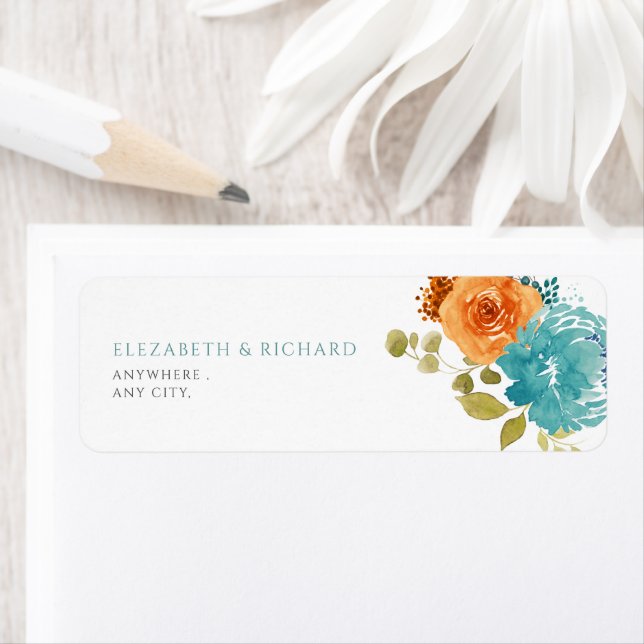 Sänk blommigt för Teal Burnt-Orange Returadress Etikett (Insitu)