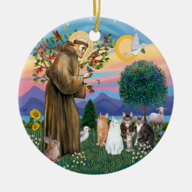 Sank Franciskus - Fem katter (AmSH) Julgransprydnad Keramik (Framsidan)