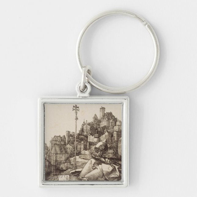 Sankt Antonius läser av Albrecht Dürer Fyrkantig Silverfärgad Nyckelring (Framsidan)