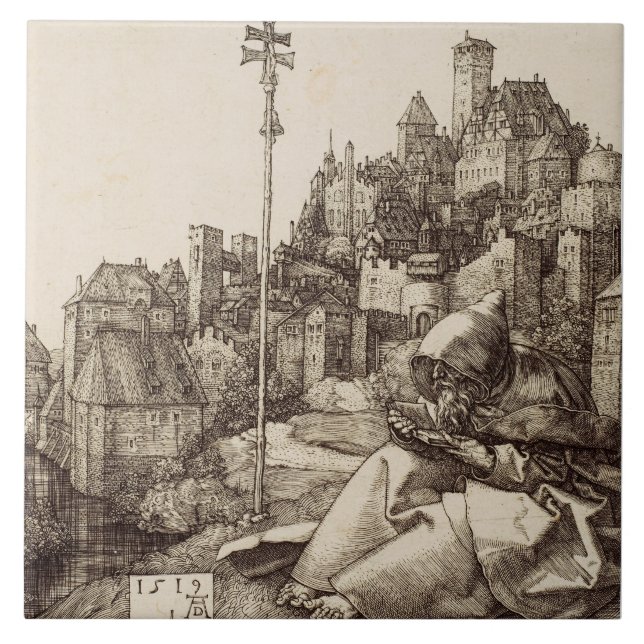 Sankt Antonius läser av Albrecht Dürer Kakelplatta (Framsidan)