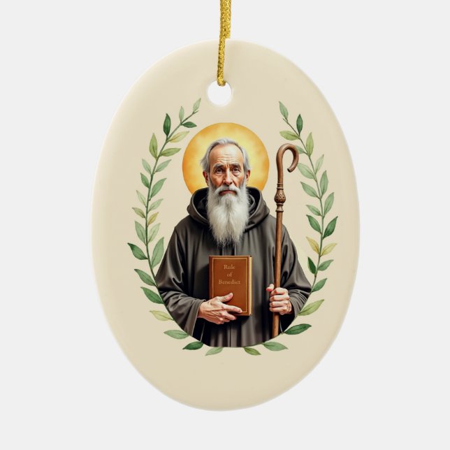 Sankt Benedikt av Nursia Guds frid och välsignelse Julgransprydnad Keramik (Framsidan)