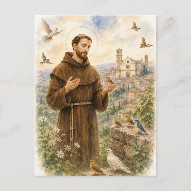 Sankt Franciskus av Assisi Fåglar akvarell Vykort (Framsida)