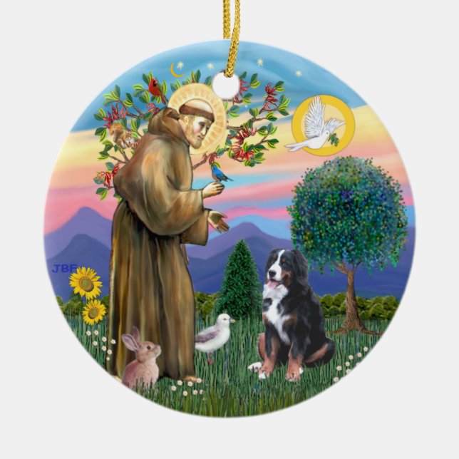 Sankt Franciskus - Berner Sennenhund Julgransprydnad Keramik (Framsidan)