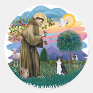 Sankt Franciskus (ff) - Svart och vit katt Runt Klistermärke