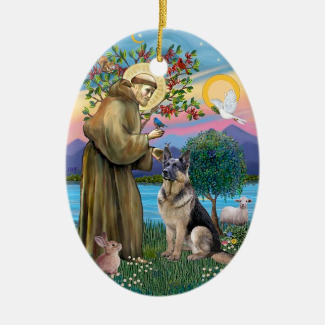 Sankt Franciskus (V) - Tysk Schäferhund (C) Julgransprydnad Keramik (Framsidan)