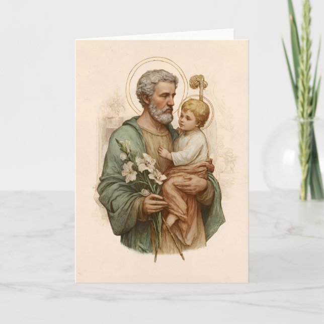 Sankt Josef som håller Jesusbarnet och liljor Kort (Framsida)