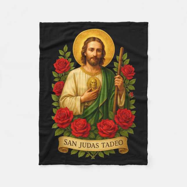 Sankt Judas Taddeus katolsk konst med röda rosor  Fleecefilt (Framsidan)