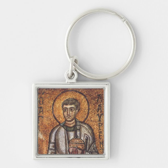 Sankt Laurentius Ortodoxt mosaikkonsttryck Fyrkantig Silverfärgad Nyckelring (Framsidan)