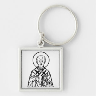 Sankt Nikolaus av Myra Bysantinsk ortodox ikon Fyrkantig Silverfärgad Nyckelring