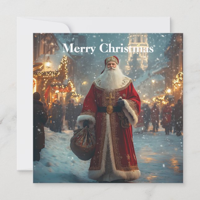 Sankt Nikolaus i en festlig snöig by  Julkort (Framsida)