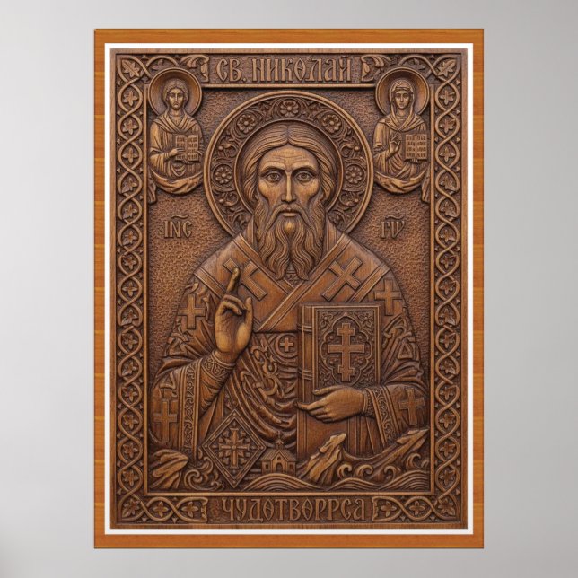 Sankt Nikolaus, jungfrulig ny trä ortodox bokstäve Poster (Framsidan)