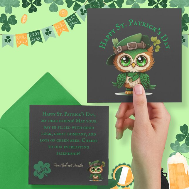 Sankt Patrick dag Grönt Uggla personlig platta kor (St. Patrick's Day Green Owl personalized flat card)