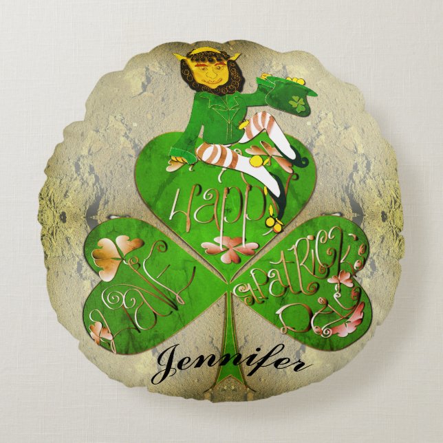 Sankt Patrick dag Leprechaun Round Pillow Rund Kudde (Framsidan)