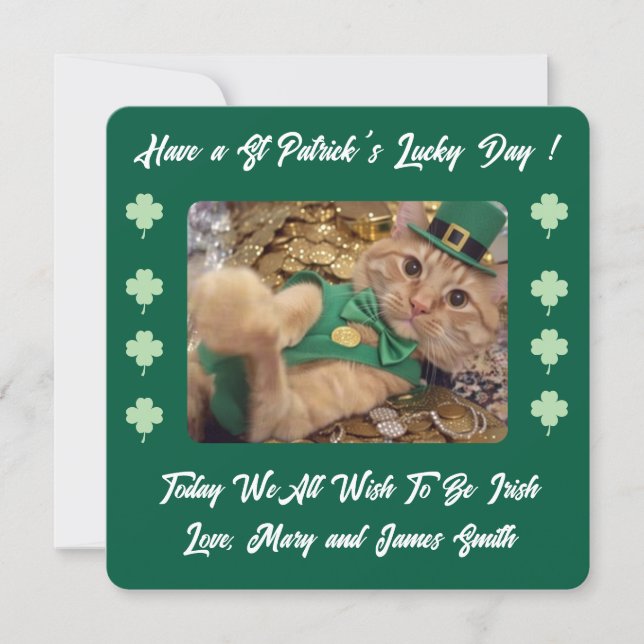 Sankt Patricks dag katt Shamrock Platt Semestkort Julkort (Framsida)