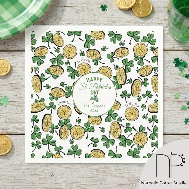 Sankt Patricks dag Klöver Tomte Pappersservetter (hand-drawn fine-line st patricks day napkins with shamrocks coins and leprechaun hats)