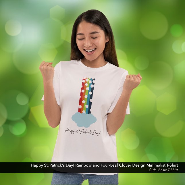 Sankt Patricks dagstidning Rainbow 4-Löv Klöver mi T Shirt (Happy St. Patrick's Day T-Shirt with a Rainbow and Four-Leaf Clover Minimalist Design)