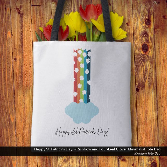 Sankt Patricks dagstidning Rainbow 4-Löv Klöver mi Tygkasse (Happy St. Patrick's Day! Minimalist Tote Bag with a Rainbow and Four-Leaf Clover Design.)